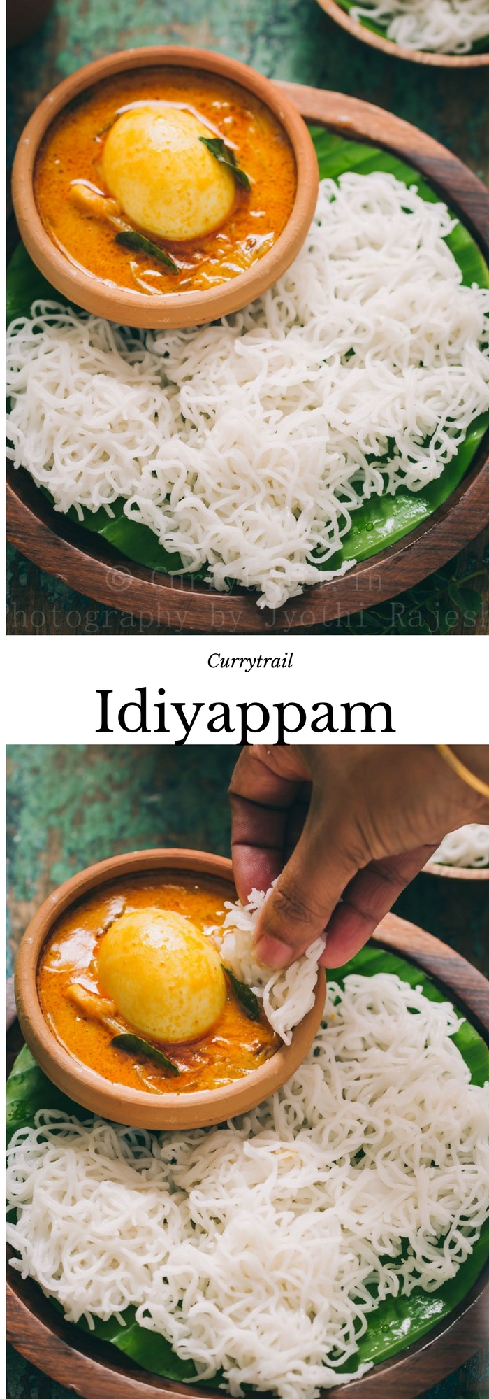 idiyappam or rice string hoppers served on wooden plate with egg stew with text overlay