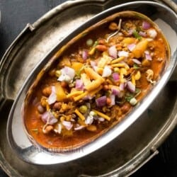 misal pav with red onions and farsan added
