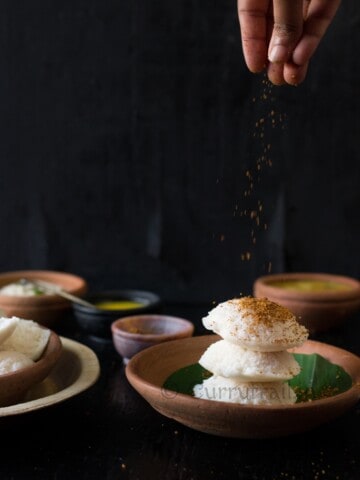 Idli stacked and idli podi sprinkled on top