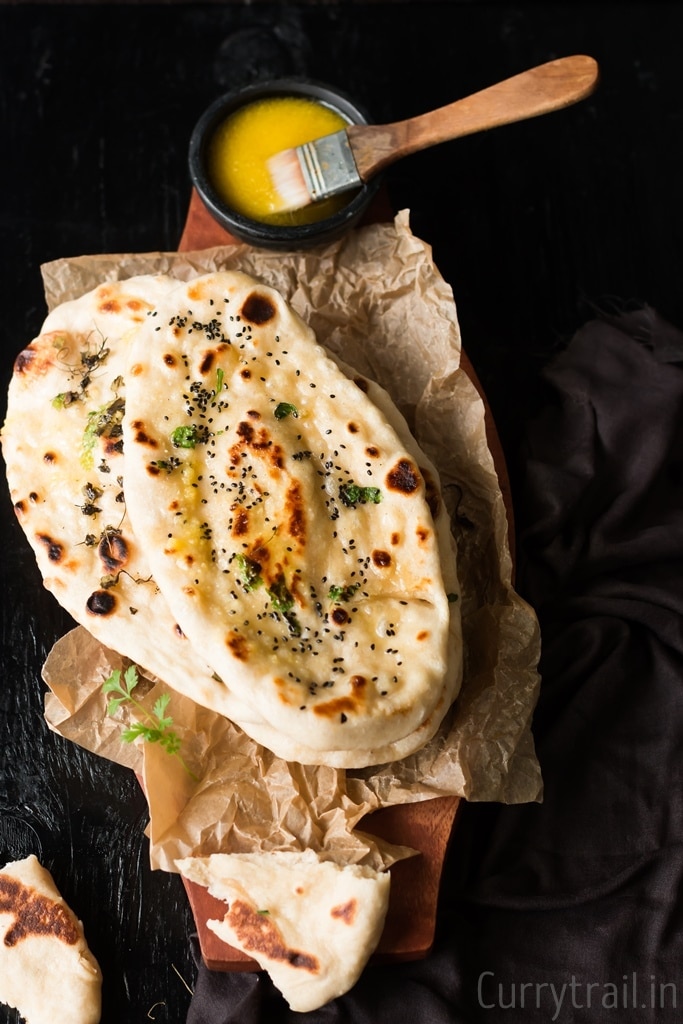 Naan bread with brown blisters on the surface