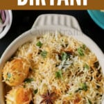 egg dum biryani in bowl with text