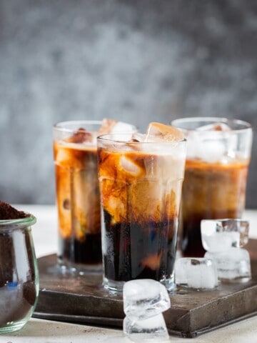 Best Homemade Iced Coffee in 3 glasses with ice cubes