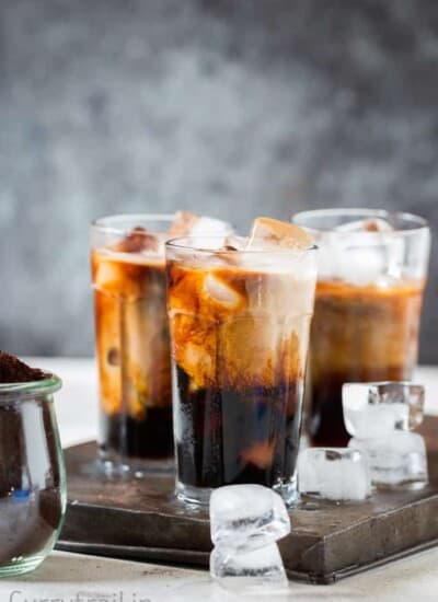 Best Homemade Iced Coffee in 3 glasses with ice cubes