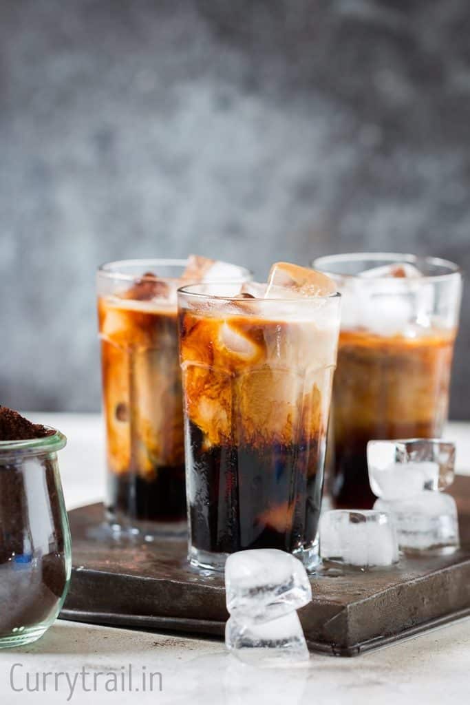 Best Homemade Iced Coffee in 3 glasses with ice cubes
