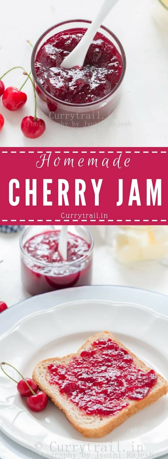 Gorgeous red, delicious homemade cherry jam made of fresh cherries needs just 3 ingredients and your jam will be ready in about 30 minutes. No pectin used