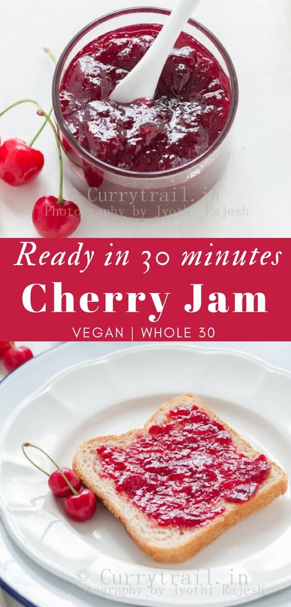 Gorgeous red, delicious homemade cherry jam made of fresh cherries needs just 3 ingredients and your jam will be ready in about 30 minutes. No pectin used