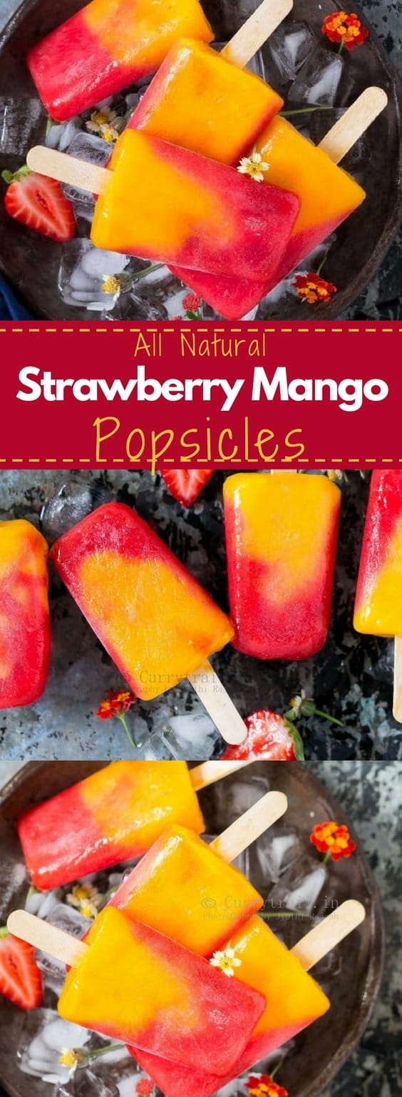 2 Ingredients strawberry mango popsicle with text over lay