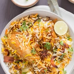 Chicken Dum Biryani in White Bowl