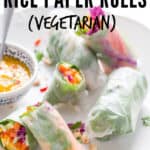 vegetarian rice paper rolls with mango dipping sauce with text