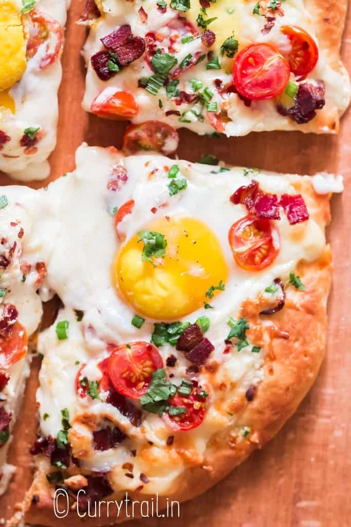 close view of breakfast pizza