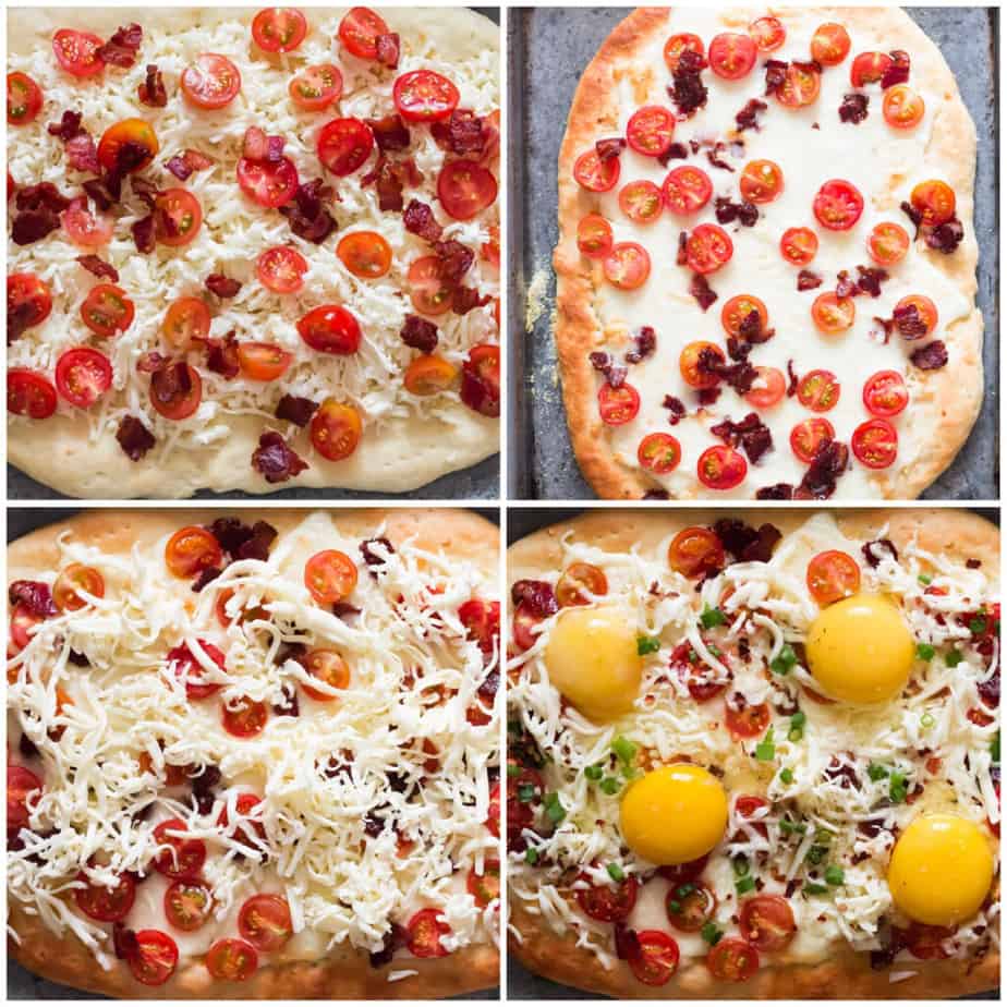step by step picture collage of making breakfast pizza