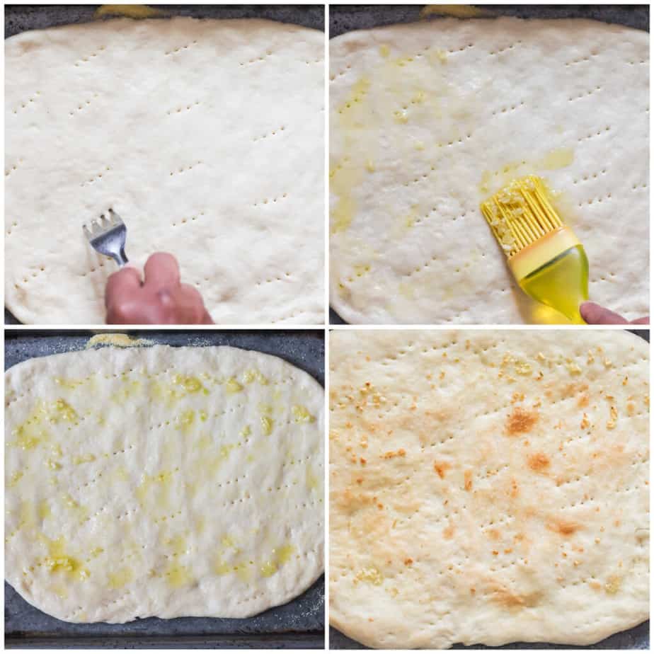 step by step picture collage of making breakfast pizza