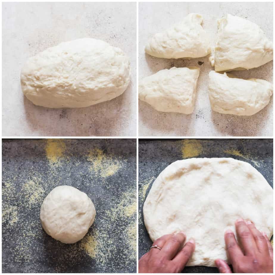 step by step picture collage of making breakfast pizza