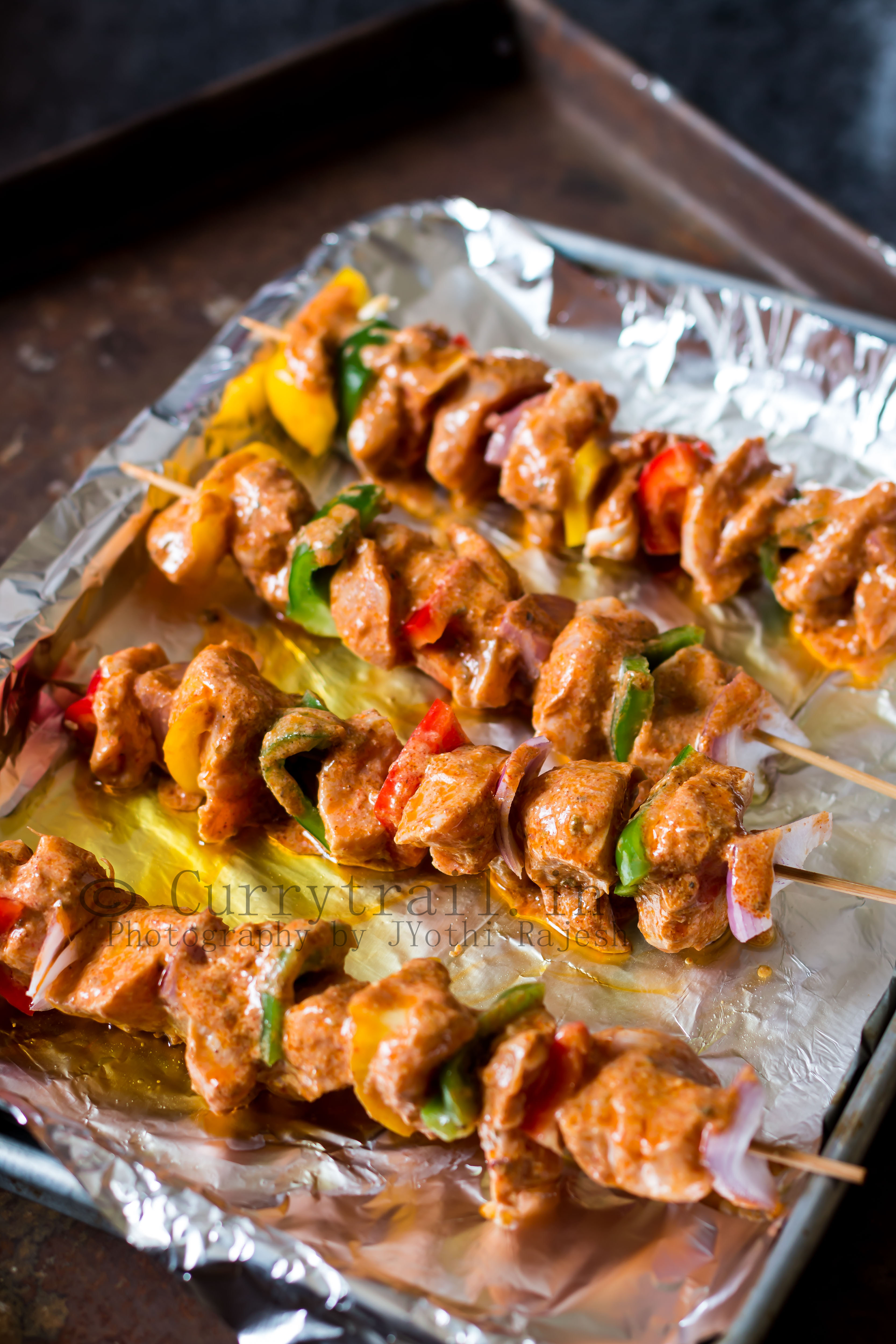 marinated chicken and veggies skewered on bamboo stick for shisk tawook