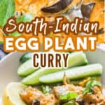 healthy vegan eggplant curry in pot with text