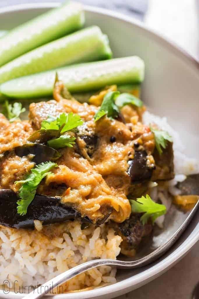 eggplant curry served with rice in bowl