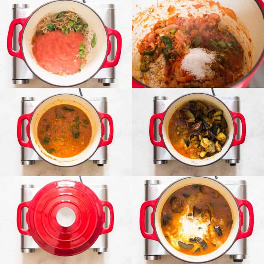 step by step picture collage of how to make eggplant curry