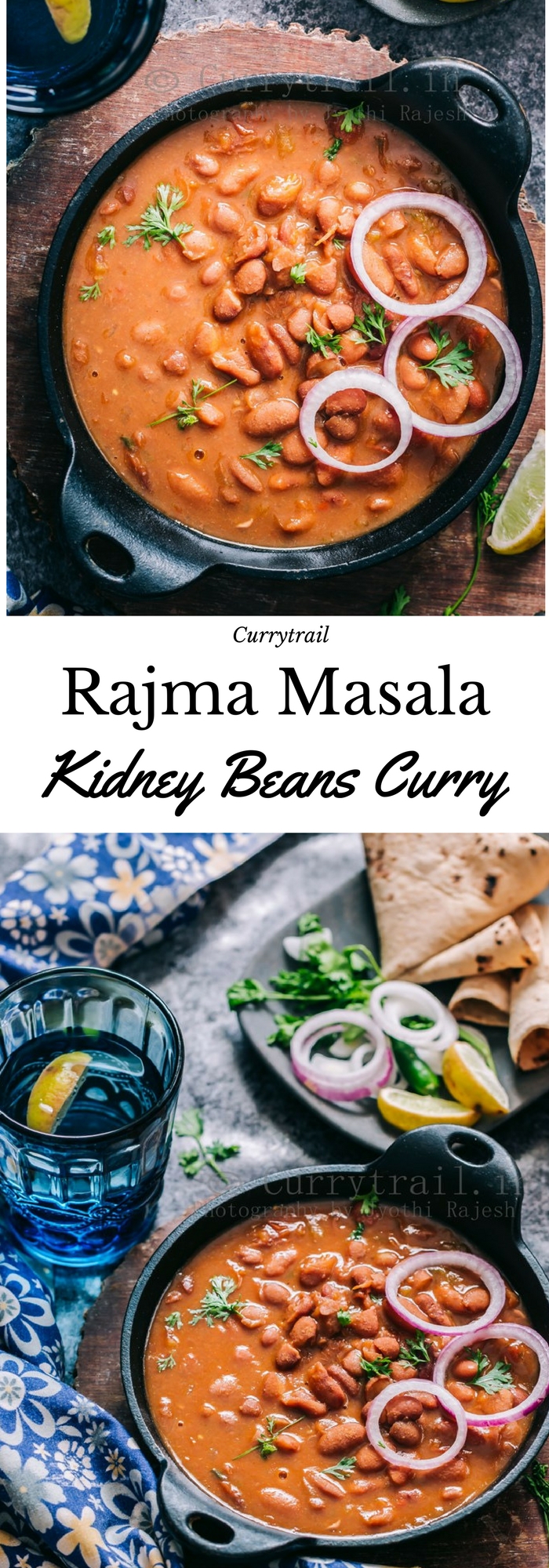 rajma masala is rich, creamy, spicy red bean curry served in cast iron pan with text overlay