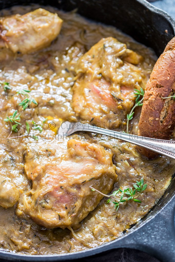 one skillet French onion chicken served with crusty bread