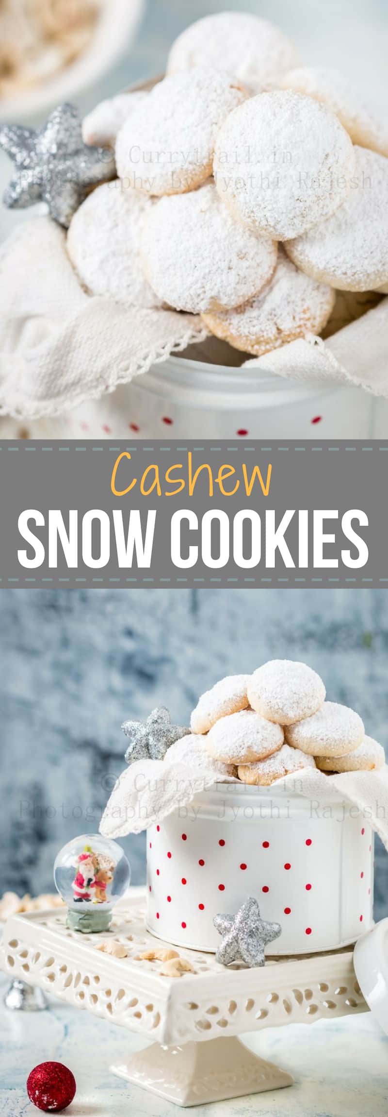 cashew snow cookies in white cookie jar with text overlay