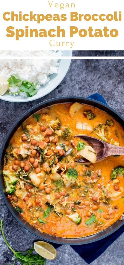 a pan with chickpeas broccoli spinach and potato vegan curry with spatula in it and bowl of rice on the side