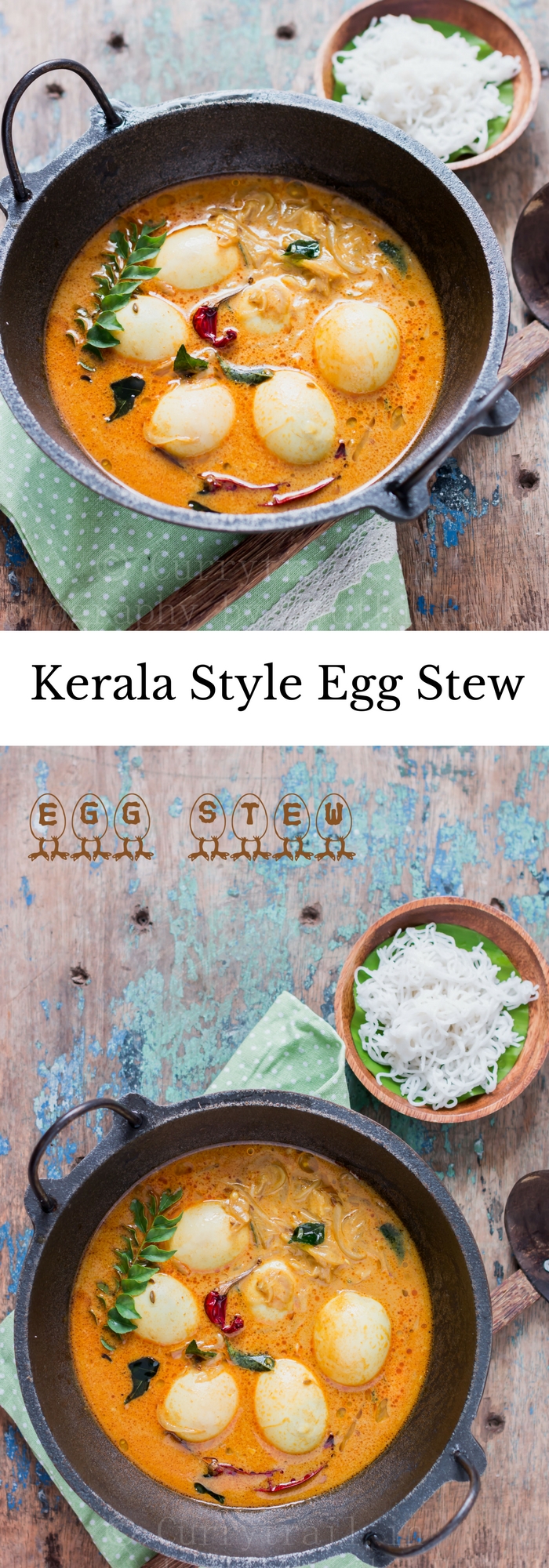 egg stew Kerala style served in cast iron pan for breakfast with rice string hoppers with text overlay