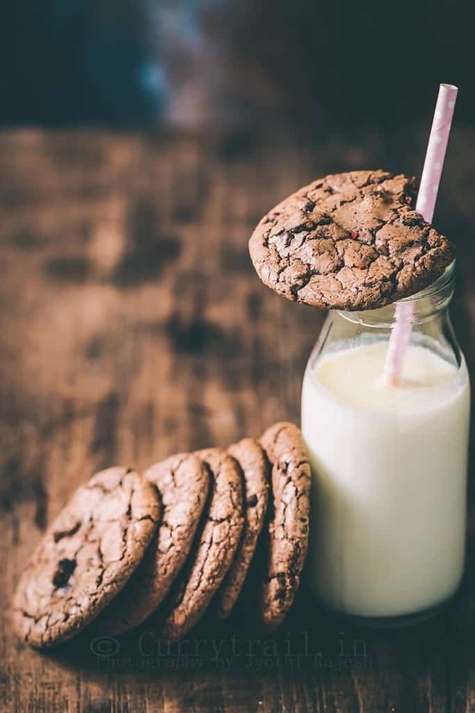 chili chocolate cookies with bottle of milk