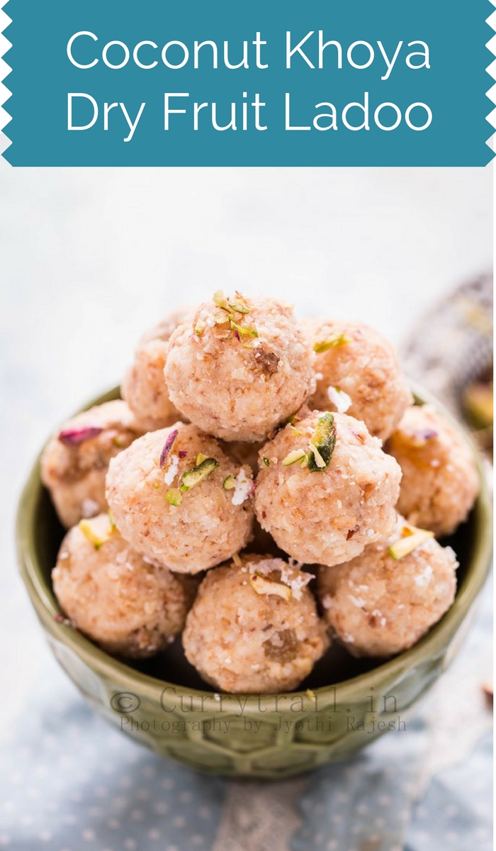 Coconut khoya ladoo is a common ladoo that you would have heard, cooked and tasted. A little twist to the usual coconut ladoo is adding a good amount of all your favorite dry fruits to make it an interesting one.Try