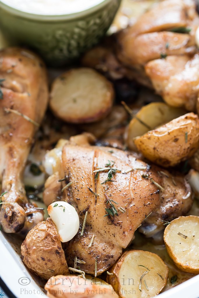 Lebanese style baked chicken and potatoes served in white enamel plate with garlicky sauce on the side