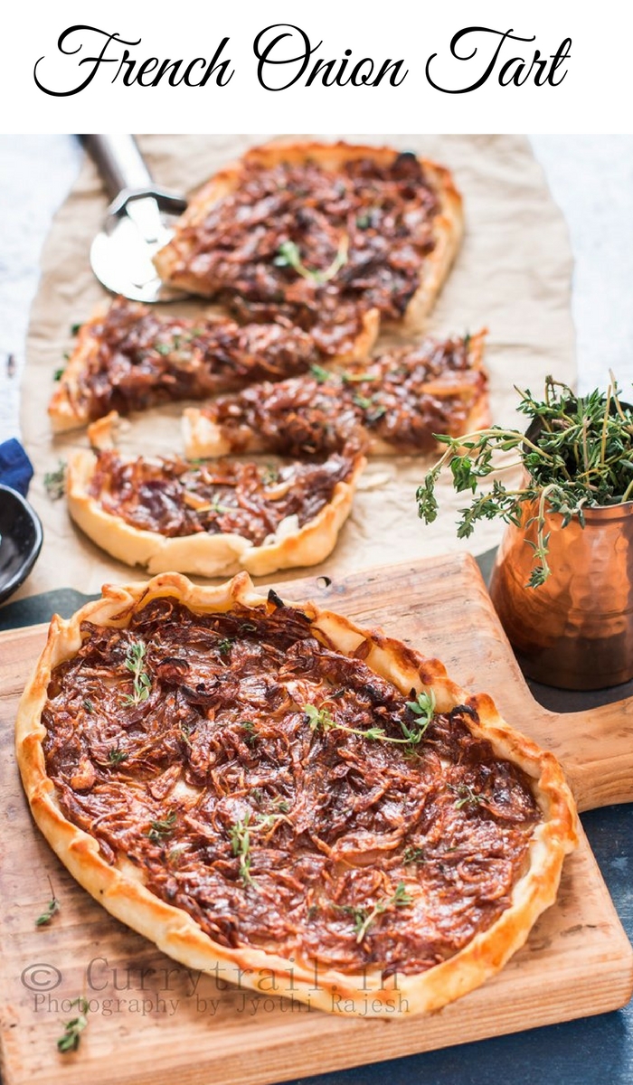 French onion tart with ricotta cheese is sweet savory appetizer with text overlay