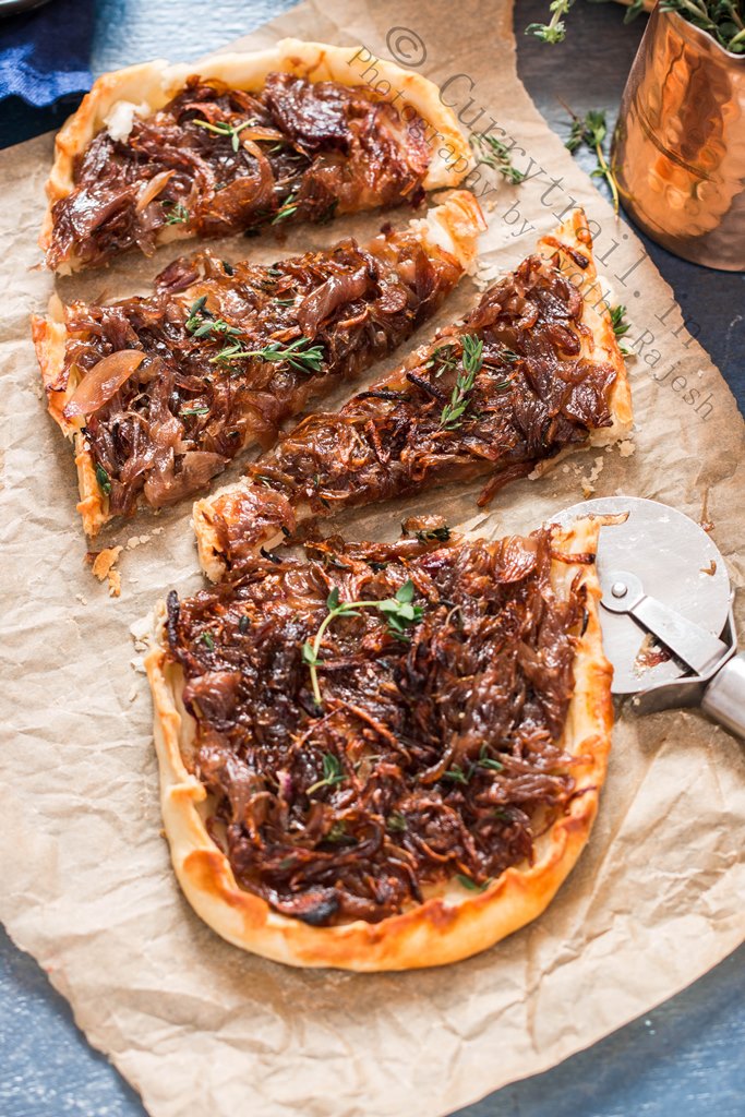 French onion tart with ricotta cheese is sweet savory appetizer