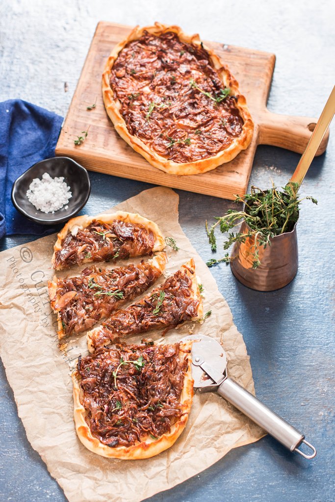 French onion tart with ricotta cheese is sweet savory appetizer