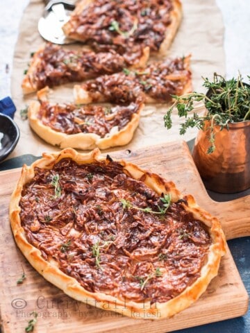 French onion tart with ricotta cheese is sweet savory appetizer