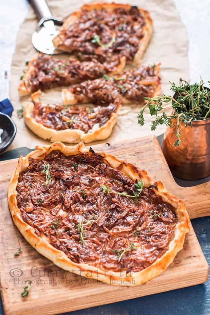 French onion tart with ricotta cheese is sweet savory appetizer