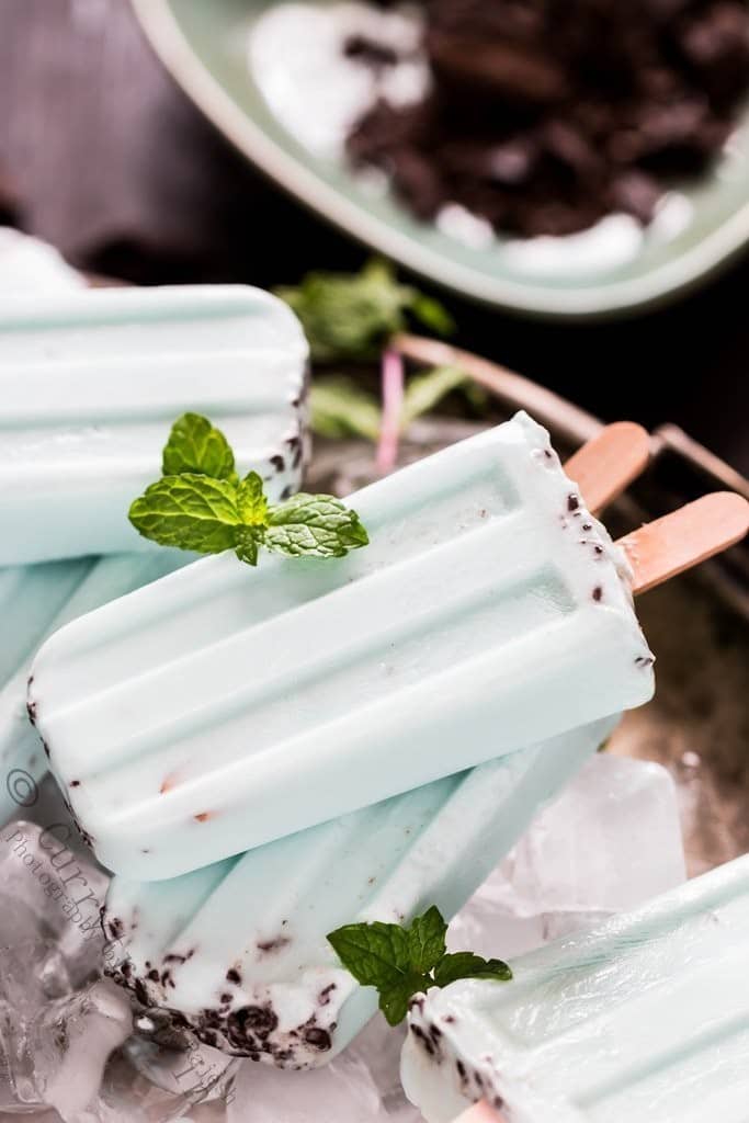 A close up view of chocolate mint popsicles that is vegan gluten free and diary free