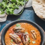 Andhra Style Indian Eggplant Curry with roti on side