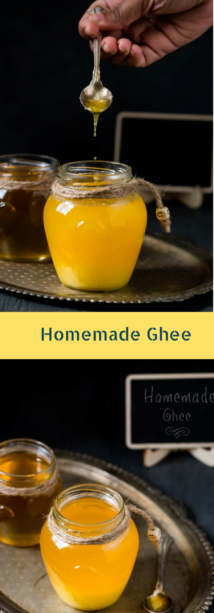 homemade ghee dripping into bottle with text overlay