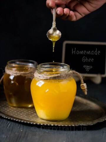 homemade ghee dripping into bottle