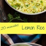 lemon rice made in skillet served in small bowl with papad on side with text