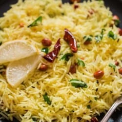 easy south Indian lemon rice recipe on plate