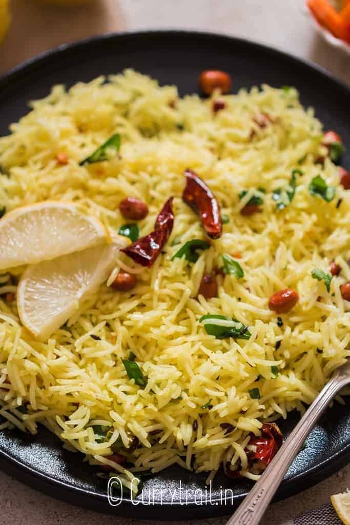 easy south Indian lemon rice recipe on plate
