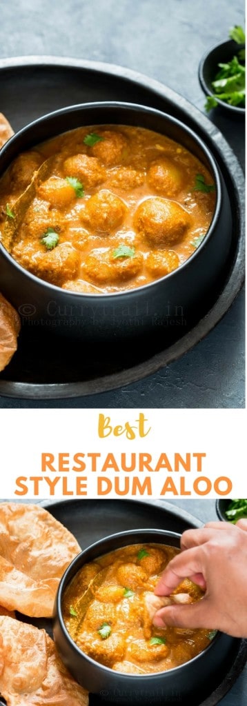 dum aloo served in black bowl with puris