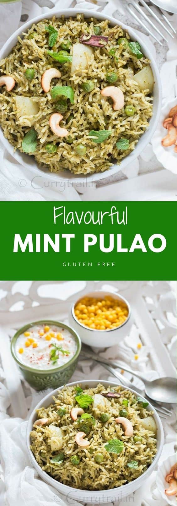 mint pulao in white bowl with text over lay