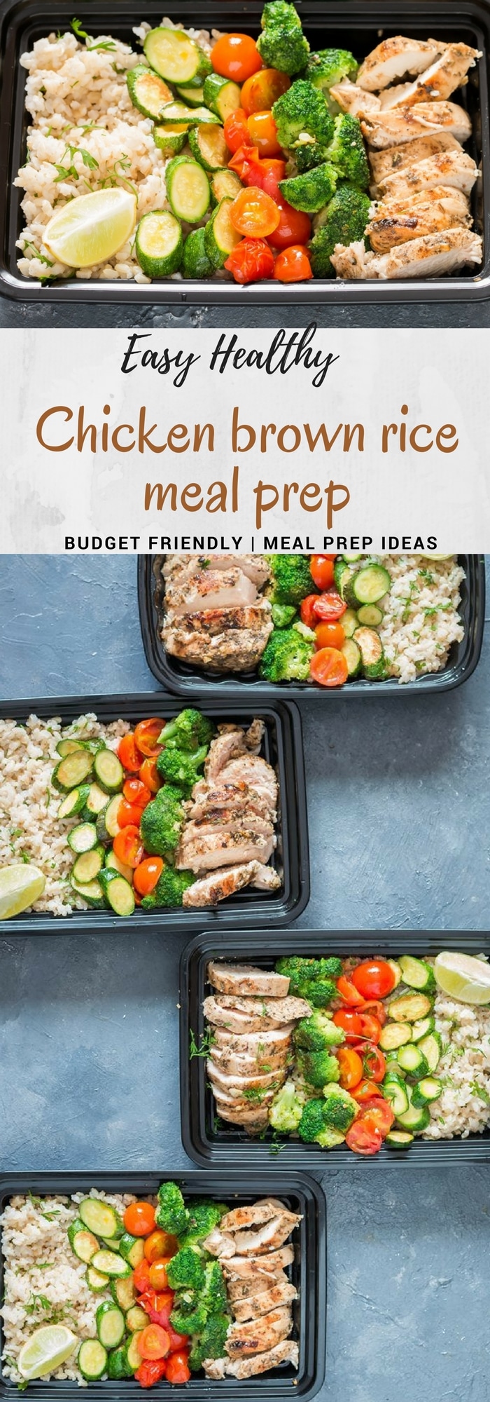 chicken meal prep with brown rice with text overlay