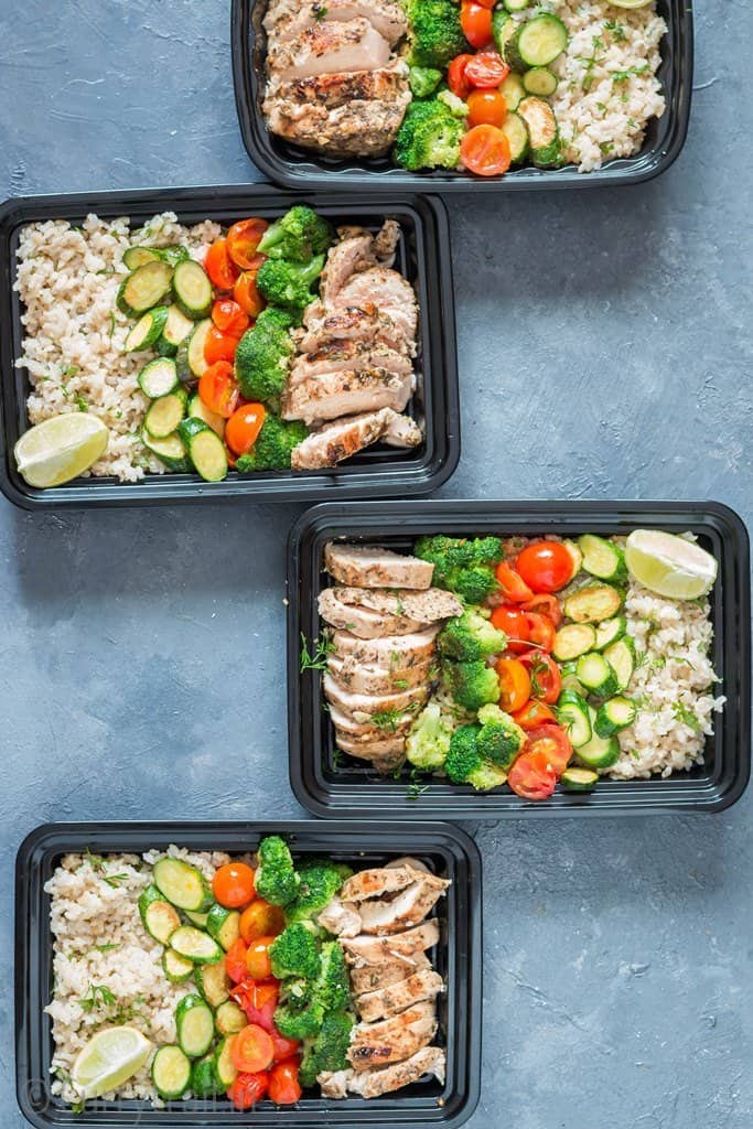 chicken meal prep with brown rice in meal prep boxes