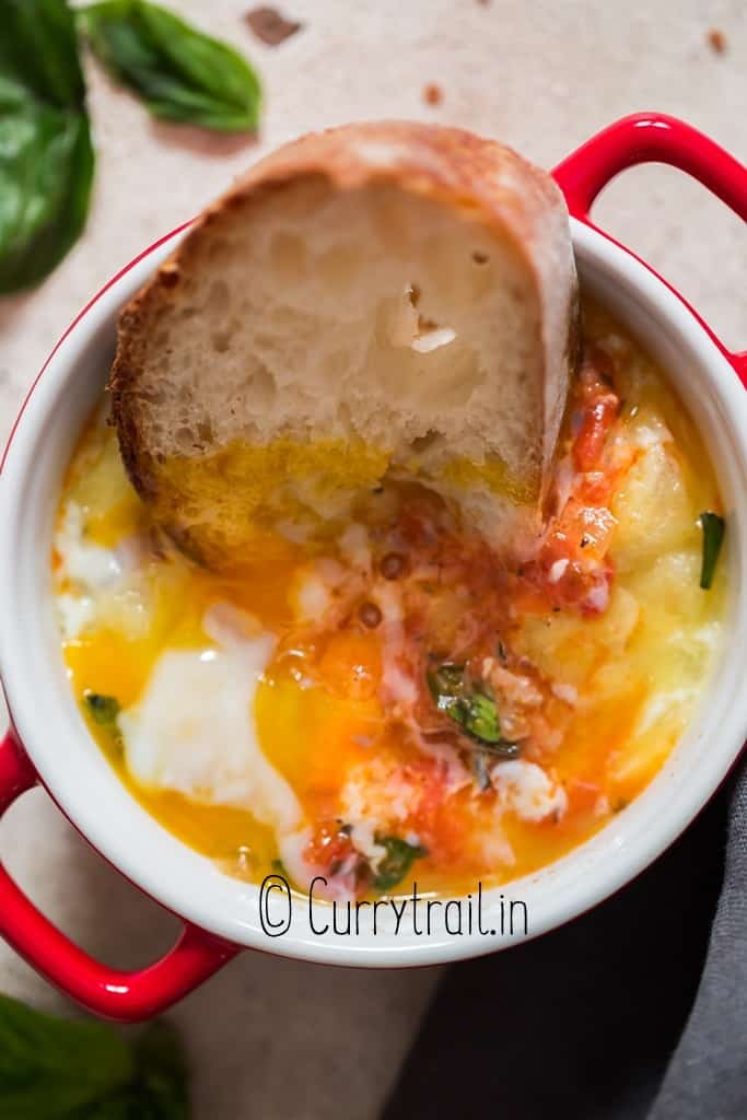 single servings baked eggs in ramekins with bread toast