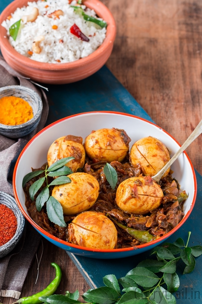 Kerala Style Egg Roast with bowl of coconut rice