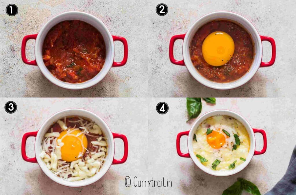 step by step picture collage of egg bake in ramekin