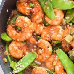 stir fried shrimp in skillet