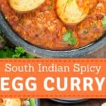 This south Indian spicy egg curry recipe is quick ever-day dinner or lunch recipe that you cook. It pairs well with rice or rotis(flatbread). It’s super easy recipe and takes less than 30 minutes to get the curry from your stove to the dinner table. Hard boiled eggs cooked in simple yet flavour packed Indian masala is this egg masala curry. It’s spicy, decadent, satisfying and comfort meal on your plate.